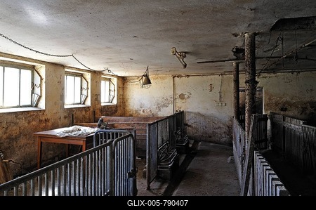 Empty pigsty of a small farmer who quit, Middle Franconia, Bavaria, Germany, Europe-stock-foto