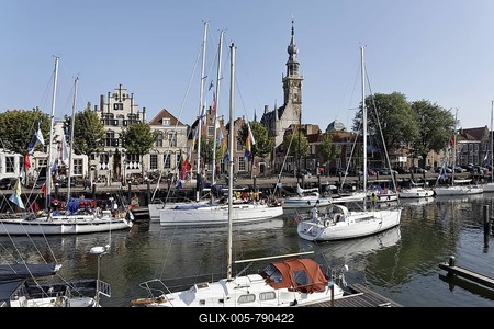 Marina and tower of the town hall, historic town of Veere, Walcheren, Zeeland, Netherlands, Europe-stock-foto