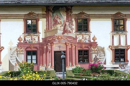 Pilatushaus with Lüftlmalerei, Oberammergau, Upper Bavaria, Bavaria, Germany-stock-foto