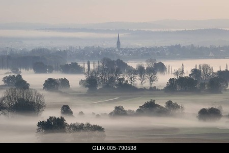 Early morning fog over Radolfzeller Aachried, city of Radolfzell in background, county Constance, Baden-Wuerttemberg, Germany, Europe-stock-foto