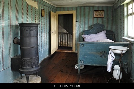 Retiree's room with stove and bed, 1911, farmhouse from Herrnbechtheim, Franconian open-air museum, Eisweiherweg 1, Bad Windsheim, Middle Franconia, Bavaria, Germany, Europe-stock-foto
