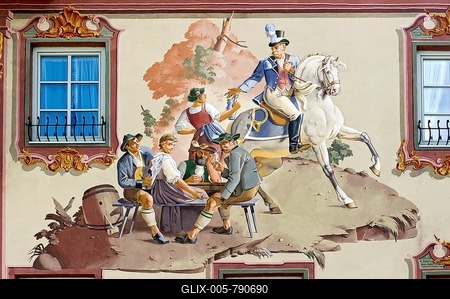 Lüftlmalerei, scene with mounted mailman, Gasthof Post, Mittenwald, Werdenfelser Land, Upper Bavaria, Bavaria, Germany-stock-foto