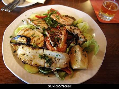 Meal with fish on a plate, Nuremberg, Middle Franconia, Bavaria, Germany, Europe-stock-foto