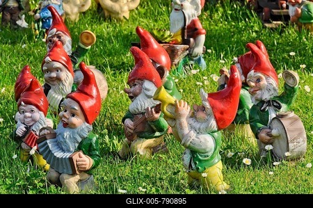 Garden gnomes as musicians in a band, Bueches near Buedingen, Hesse, Germany, Europe, PublicGround-stock-foto
