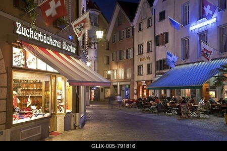 Zuckerbaeckerei Obertor confectionery shop on Ochsenplatz square, restaurants, pubs, street scene, people, nightlife, Chur, Grisons, Switzerland, Europe-stock-foto