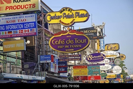 Promotional signs, Khao San Road, Bangkok, Thailand-stock-foto