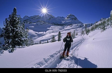Snowshoe walker on the Grossfanes Alm mountain pasture, Alta Badia, South Tyrol, Dolomites mountains, Italy, Europe-stock-foto