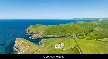 Aerial panorama of the hamlet of Port Quin near Port Isaac, North Cornwall, England, United Kingdom-stock-foto