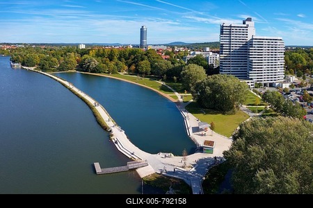 Cityscape, Local recreation area, Wöhrder Lake, Wasserwelt Wöhrder See with Norikus Bay, Norikus housing estate, Business Tower Nuremberg, BTN, Nuremberg, Middle Franconia, Franconia, Bavaria, Germany-stock-foto
