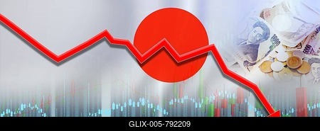 Japan financial crisis on economic graph, economic collapse. Financial fall japan economy-stock-foto