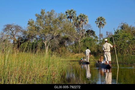 Tourists in a mokoro or dugout boat on safari in swamp area, Gomoti Plains Camp, Gomoti Concession Area, Okavango Delta, Botswana-stock-foto