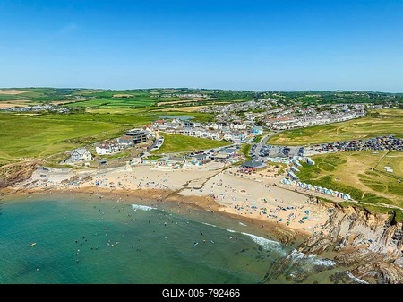 Aerial view of Crooklets Beach, with the village of Flexbury behind, Bude, North Cornwall, England, United Kingdom-stock-foto