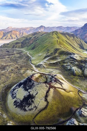 Aerial view, Volcano crater Stutur, Nordurnamshraun lava field, Landmannalaugar, Fjallabak, Icelandic highlands, Iceland-stock-foto