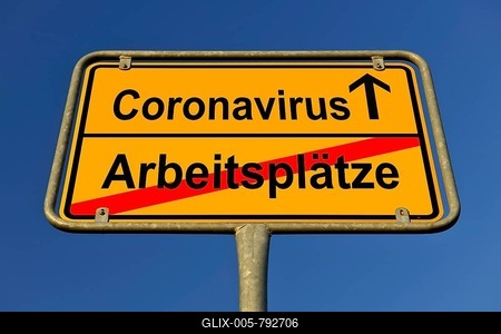 Digital Composing, symbolic picture, place-name sign, loss of jobs, unemployment, coronavirus, Covid-19, Germany-stock-foto