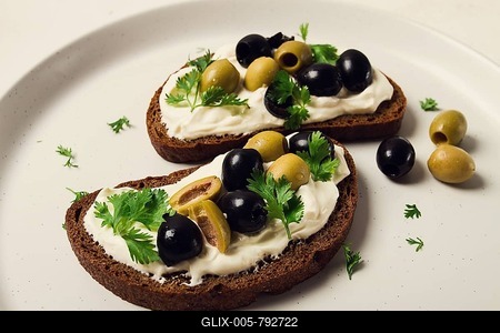 Breakfast, sandwiches, with cream cheese, olives, top view-stock-foto