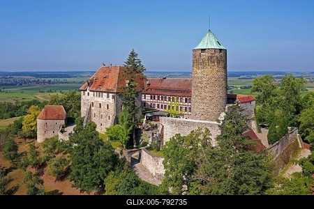 Castle Colmberg, also castle Kolbenberg, Hohenzollernburg, Höhenburg, Spornburg on the 511m high Heuberg in the Altmühltal, today hotel and restaurant, castle road, market Colmberg, district Ansbach, Middle Franconia, Franconia, Bavaria, Germany-stock-foto