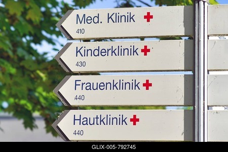 Heidelberg, Germany, June 2022: Road signs pointing direction to various German hospitals-stock-foto