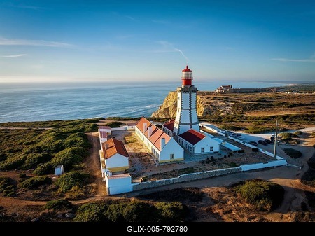 Aerial drone view of lighthouse on Cabo Espichel cape Espichel on Atlantic ocean-stock-foto