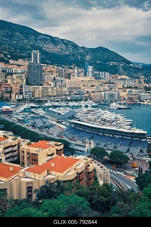 View of Monte Carlo, Monaco with race track street circuit and port with yachts and boats-stock-foto