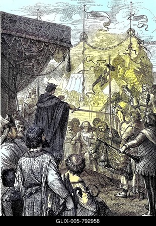 Ritterschlag, der Ritterschlag, der zentrale Akt der rituellen Verleihung der Ritterwürde im Mittelalter, Reproduktion eines Holzschnitts aus dem Jahr 1880, digital verbessert, The accolade, dubbing or adoubement, the central act in the rite of passage ceremonies conferring knighthood in the Middle Ages, reproduction of a woodcut from the year 1880, digital improved-stock-foto