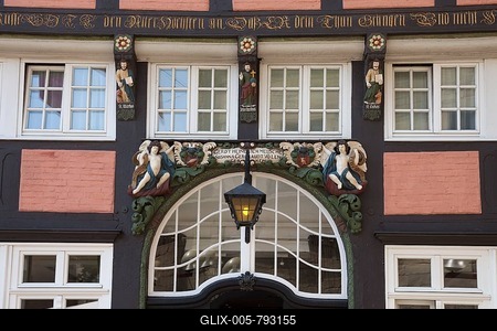 Entrance, facade, Walhalla, half-timbered house, historic centre, Osnabrück, Lower Saxony, Germany-stock-foto