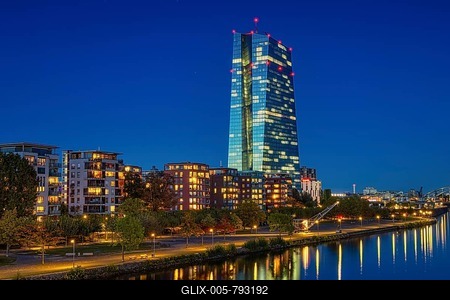 The lights of the European Central Bank (ECB) shine in the evening., Flößerbrücke, Frankfurt am Main, Hesse, Germany-stock-foto