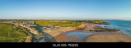 Aerial panorama of the coastline of Bude Bay at low tide with bathing beaches Crooklets Beach, Summerleaze Beach, far right Compass Point, Bude, North Cornwall, England, United Kingdom-stock-foto