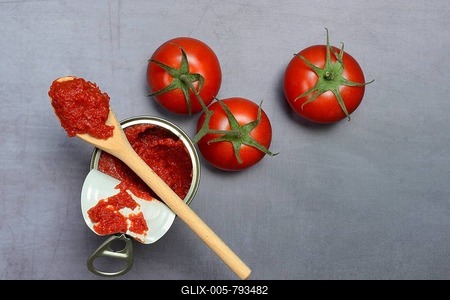 Can of tomato paste and tomato paste on a wooden spoon, tomatoes, Germany-stock-foto