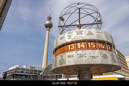 Alexanderplatz railway station with world clock and television tower, a striking landmark in East Berlin. Berlin, Germany-stock-foto