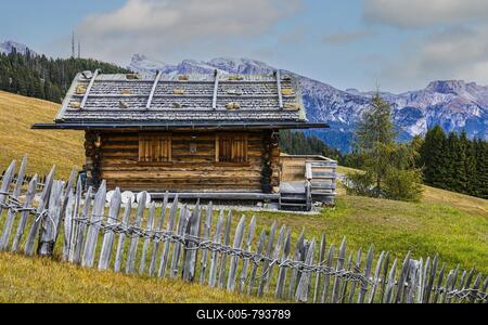 Alpine hut in autumnal alpine meadow, surrounded by a wooden picket fence, Alpe di Siusi, Val Gardena, Dolomites, South Tyrol, Italy-stock-foto