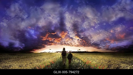 Woman and child walking on a path flanked by poppy flowers through the middle of a corn field, sunset with a cloudy sky, Adelschlag, Bavaria, Germany, Europe-stock-foto