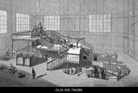 The paper factory of Heinrich Voelter at the World's Fair in Paris, France, paper production, industry of the Decker brothers, Historic, digitally restored reproduction of an original 19th century master, exact original date not known-stock-foto