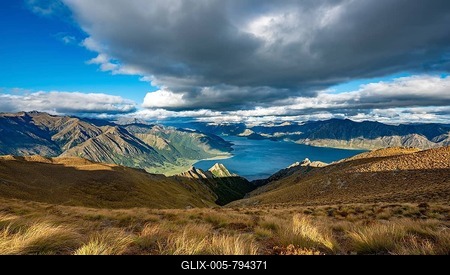 View of Lake Hawea, lake and mountain landscape, view from Isthmus Peak, Wanaka, Otago, South Island, New Zealand-stock-foto