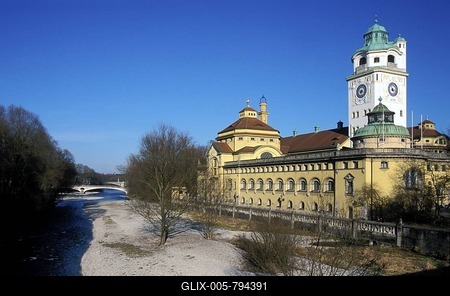 Muellersches Volksbad public swimming pool on the Isar river, Munich, Bavaria, Germany, Europe-stock-foto