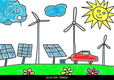 Naive illustrations, children drawing, E car at electric filling station with wind turbine and solar panels, photovoltaic system, Austria-stock-foto