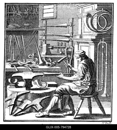 The pipe maker, organ pipes, copper engraving, Regensburger St舅debuch, 1698, Christoph Weigel the Elder (1654, 1725)-stock-foto