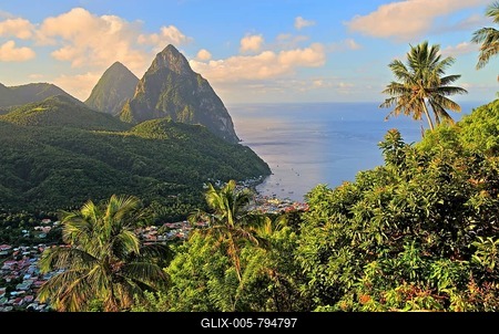 Tropical landscape with view of the village and the two Pitons, Gros Piton 770m and Petit Piton 743m, early morning sun, Soufriere, St. Lucia, Little Antilles, West Indian Islands, Caribbean Sea-stock-foto