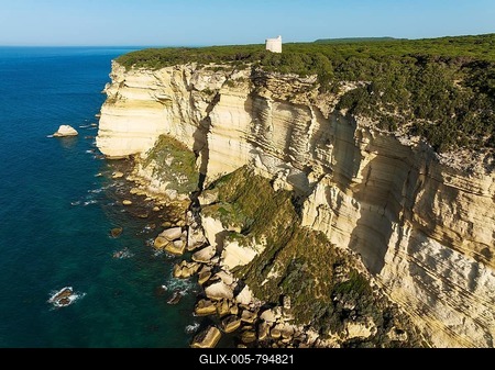 Cliff, pine tree (Pinus pinea) forest and watchtower Torre de Tajo in the Nature Reserve La Breńa y Marismas del Barbate, aerial view, drone shot, Cádiz province, Andalusia, Spain-stock-foto