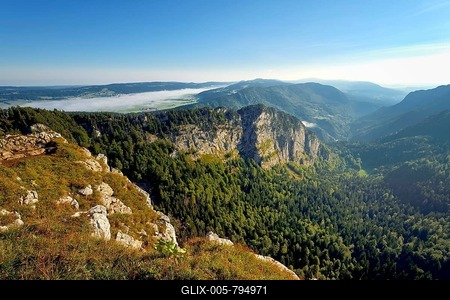 Creux du Van, rock face in the morning light, Le Soliat, Canton Jura, Switzerland-stock-foto