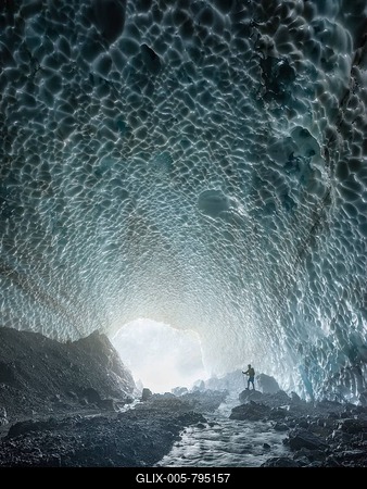Mountaineer in the ice chapel with meltwater stream, ice field at the foot of the Watzmann east face, Berchtesgaden National Park, Watzmann, Schönau am Königssee, Upper Bavaria, Bavaria, Germany-stock-foto