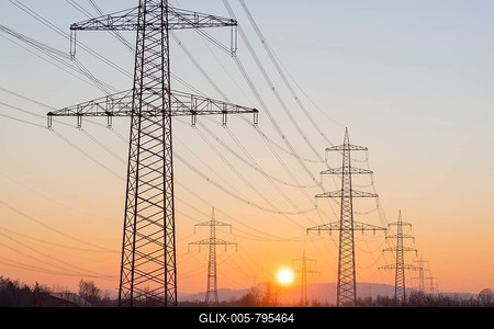 High-voltage pylons, overhead power lines, sunrise, Baden-Württemberg, Germany-stock-foto