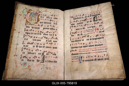 Inside pages of the antique songbook of Gregorian chant from 1471, Bavaria, Germany-stock-foto