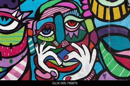 Colourful face with hand signal heart, abstract, mural by Bona Berlin, Streetart, 40 Grad Urban Art Festival 2019, Düsseldorf, North Rhine-Westphalia, Germany-stock-foto