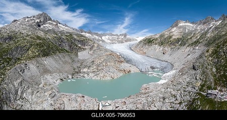Rhone glacier, valley glacier in the headwaters of the Rhone in the Swiss Alps. Melting glacier, the glacier is getting smaller and smaller. Drone photo. Obergoms, Canton Valais, Switzerland-stock-foto