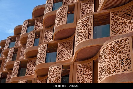 House facade, Masdar City urban development project, first emission-free eco-city, Emirate of Abu Dhabi, United Arab Emirates-stock-foto