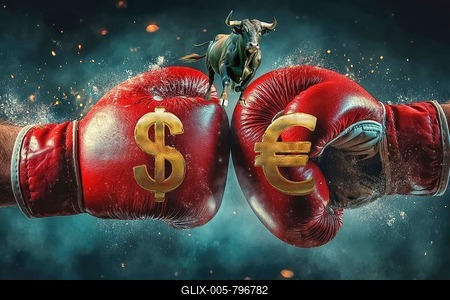 Symbolic image, boxing gloves with dollar and euro sign for supremacy, bull stands for stock market boom, Wall Street and Dax upswing, President Trump's erratic decisions, global tariffs, tariffs, share prices, euro, euro exchange rate, euro high, exchange rates, dollar parity, investment, recession worries, inflation, exports, raw materials and primary products in dollars, oil in dollars, world crisis, Ukraine war, Germany, loss of democracy, autocracy, China, Russia-stock-foto