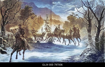 Nightly Mountain Ride of King Ludwig II in the King's Sleigh, Bavaria, Germany, Historic, digitally restored reproduction of a 19th century original-stock-foto