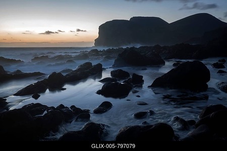 Sea lava rock, Volcanic landscape, Capelinhos volcano, Ponta dos Capelinhos, evening light, Capelo, Island of Faial, Azores, Portugal-stock-foto