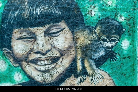Boy with monkey, urban graffiti, Parintins, Amazonas state, Brazil-stock-foto