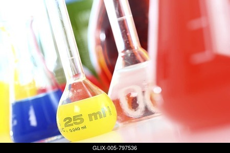 Chemistry laboratory, various glass containers with liquids, chemicals, in various colors-stock-foto